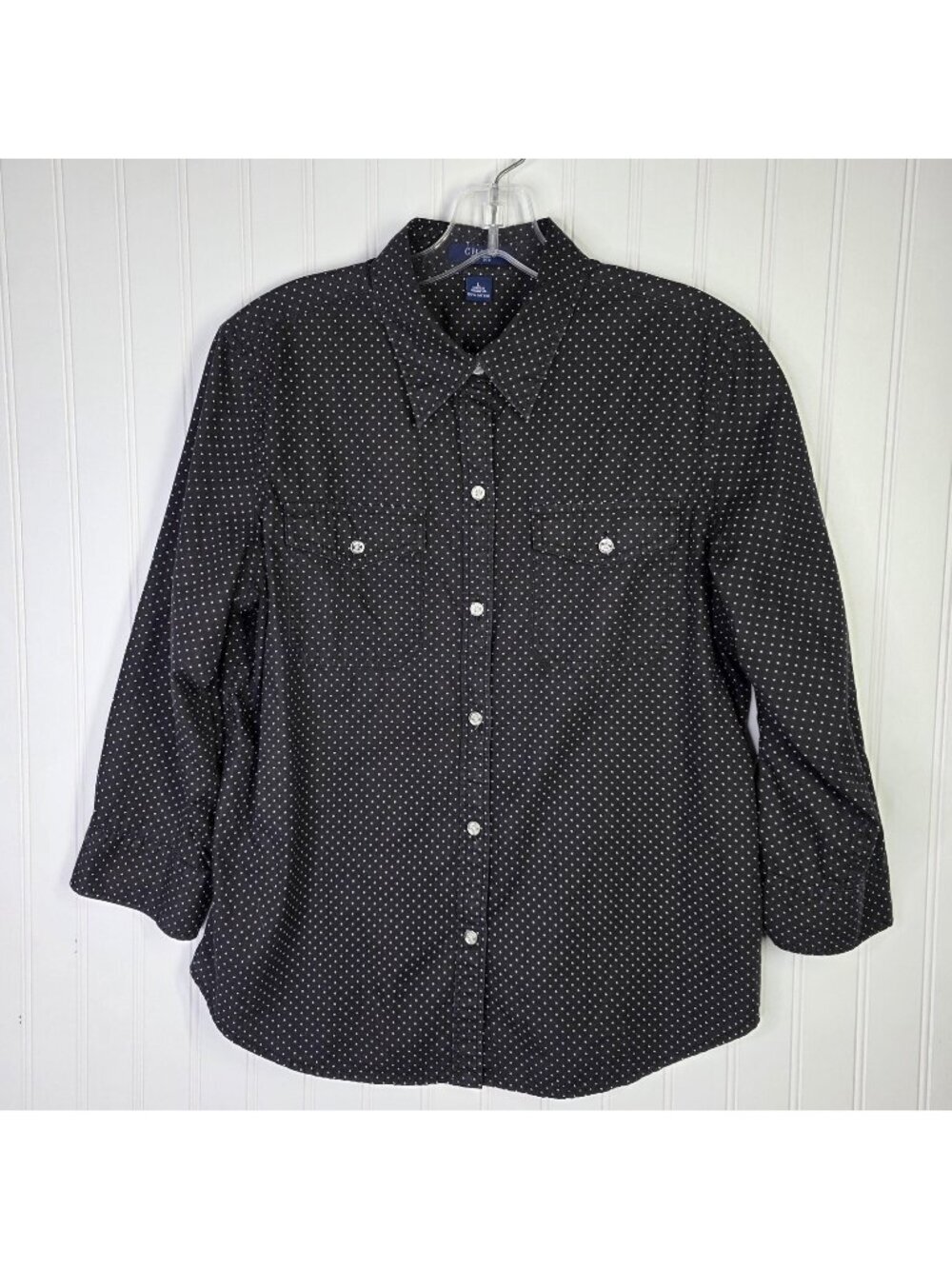 Chaps Shirt Womens Large Black White Polka Dot 3/4 Sleeve Cotton Casual Western